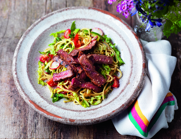 Mustard Marinated Steaks With Noodles,Cucumber And Radish Salad ...