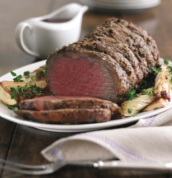 Roast Sirloin of Beef with Chestnut and Chive Butter,Caramelised Parsnips and Leeks