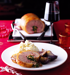Stuffed Saddle of Lamb with Spinach and Mushrooms
