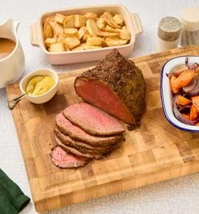 Roast Top Rump of Beef with Crispy Lemon Potatoes and Roast Vegetables