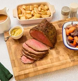 Roast Top Rump of Beef with Crispy Lemon Potatoes and Roast Vegetables